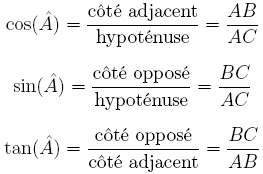 Relations trigonomtriques par rapport  l'angle A